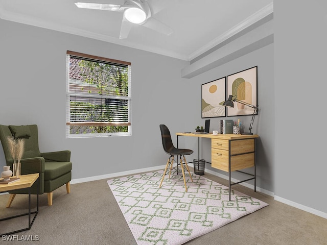 office area featuring carpet, ceiling fan, and ornamental molding