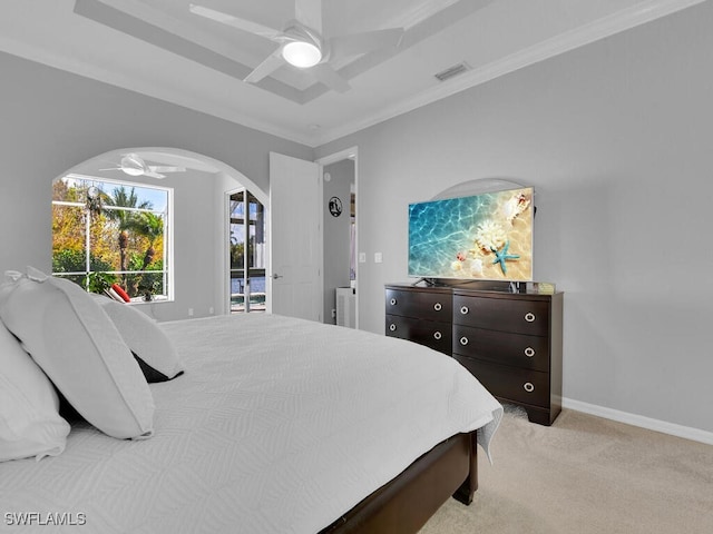 bedroom featuring access to exterior, ceiling fan, crown molding, and light carpet