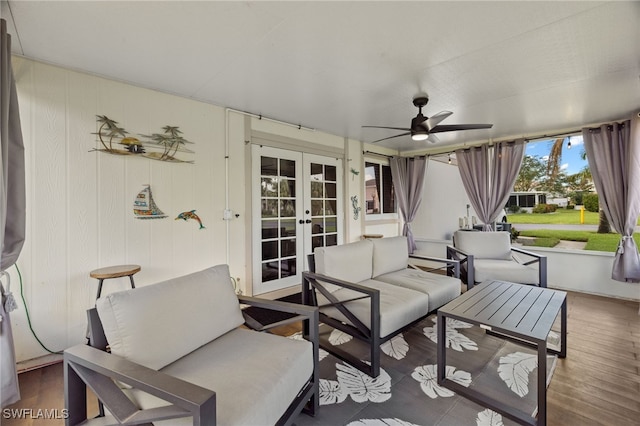 view of patio / terrace with ceiling fan, an outdoor hangout area, and french doors