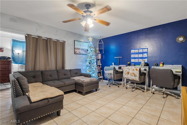 tiled office with ceiling fan