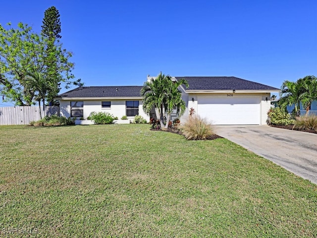 ranch-style home featuring a garage and a front lawn