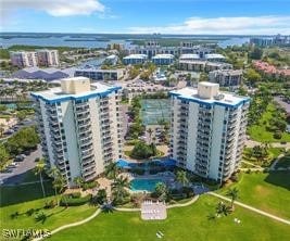 aerial view featuring a water view