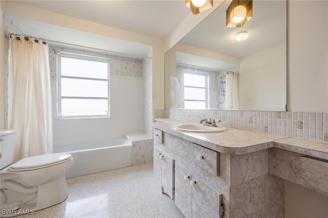 full bathroom featuring decorative backsplash, vanity, toilet, and shower / tub combo with curtain