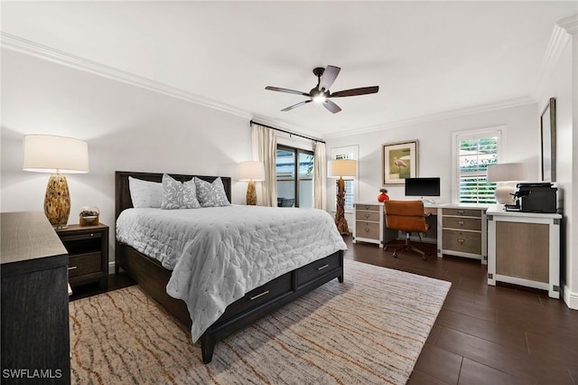 bedroom featuring dark hardwood / wood-style floors, ceiling fan, and ornamental molding