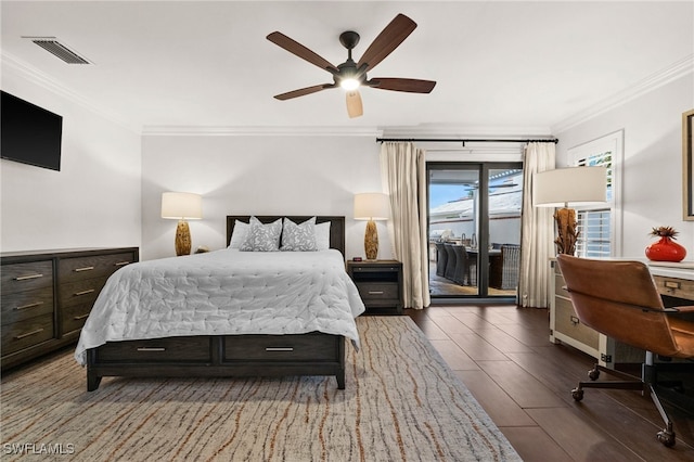 bedroom with ceiling fan, dark hardwood / wood-style floors, ornamental molding, and access to outside