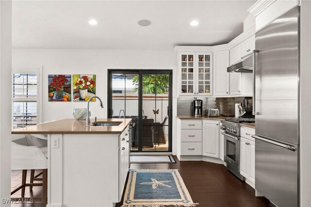 5908 Via Lugano, Naples, FL 34108 - kitchen featuring high end appliances, a sink, under cabinet range hood, dark countertops, and white cabinets