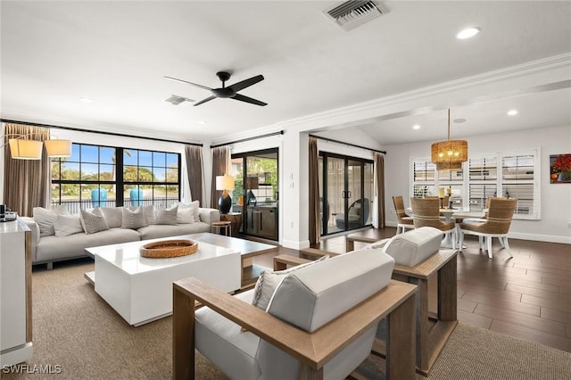 5908 Via Lugano, Naples, FL 34108 - living area with a ceiling fan, baseboards, ornamental molding, and recessed lighting
