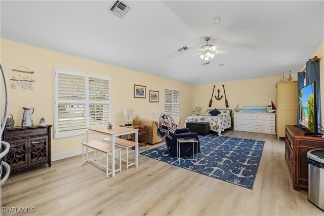 bedroom featuring ceiling fan and light hardwood / wood-style flooring