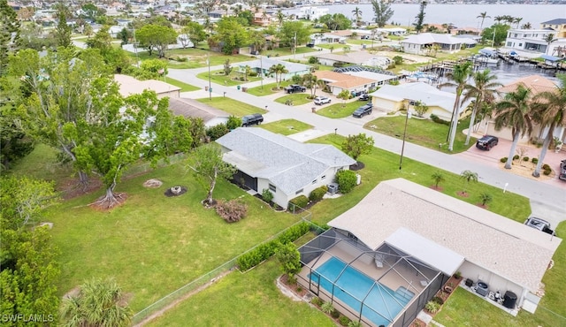 drone / aerial view with a water view