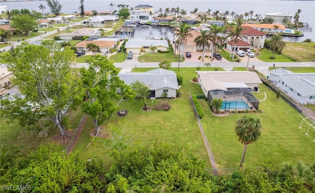 drone / aerial view featuring a water view