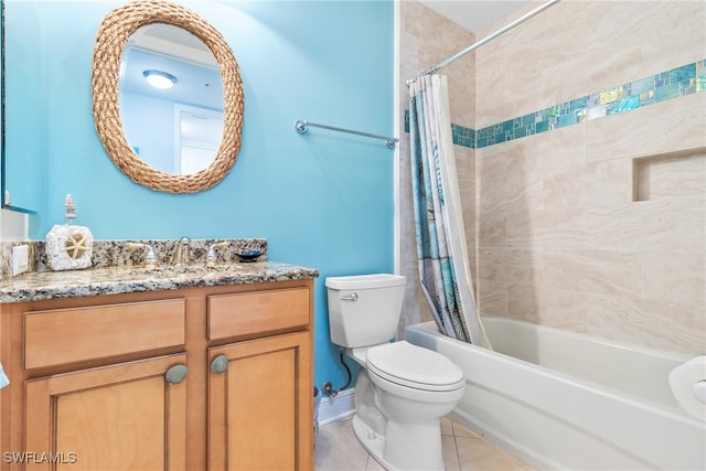 full bathroom with tile patterned flooring, vanity, shower / bathtub combination with curtain, and toilet