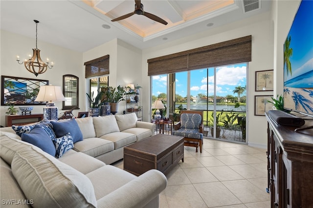 12656 Grandezza Cir, Estero, FL 33928 - living area featuring light tile patterned floors, coffered ceiling, ceiling fan, a chandelier, and crown molding