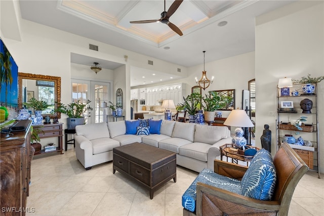 12656 Grandezza Cir, Estero, FL 33928 - living area featuring ceiling fan, french doors, coffered ceiling, a chandelier, and light tile patterned flooring