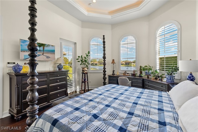 12656 Grandezza Cir, Estero, FL 33928 - bedroom with a tray ceiling, dark wood finished floors, multiple windows, and crown molding