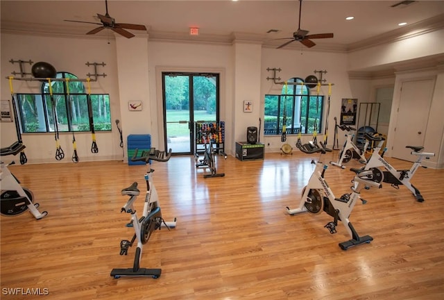 12656 Grandezza Cir, Estero, FL 33928 - workout area with a ceiling fan, crown molding, wood finished floors, and recessed lighting