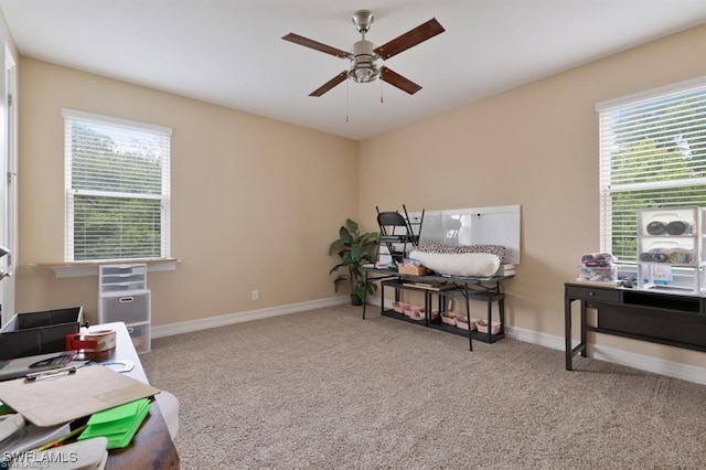 carpeted office featuring plenty of natural light and ceiling fan