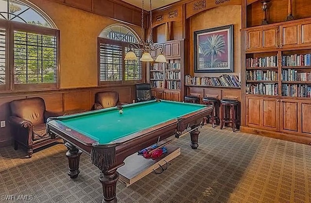 game room featuring billiards, a wealth of natural light, built in features, and carpet floors
