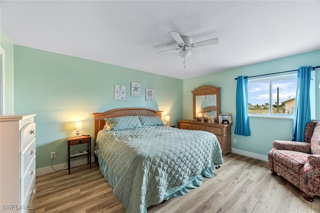 bedroom featuring light hardwood / wood-style floors and ceiling fan