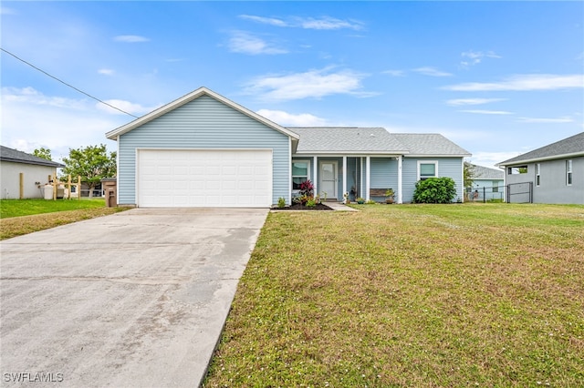 ranch-style home with a garage and a front lawn