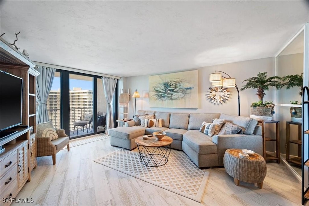 living room with floor to ceiling windows and light hardwood / wood-style floors