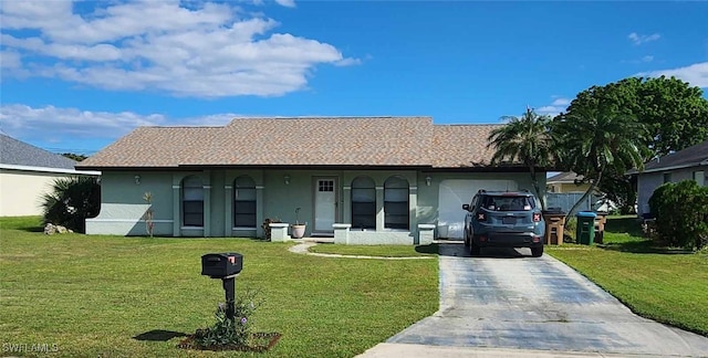 ranch-style home with a garage and a front yard