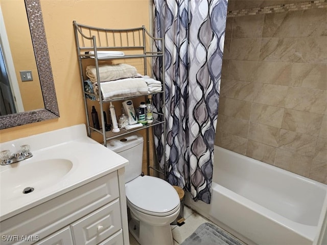 full bathroom with vanity, toilet, and shower / bathtub combination with curtain