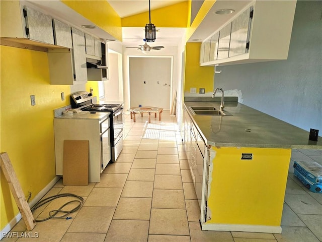 2935 SW 1st Pl, Cape Coral, FL 33914 - kitchen featuring light tile patterned floors, ceiling fan, a sink, vaulted ceiling, and electric stove