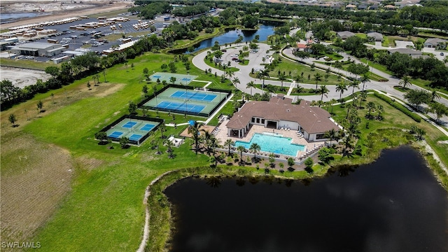 drone / aerial view with a water view