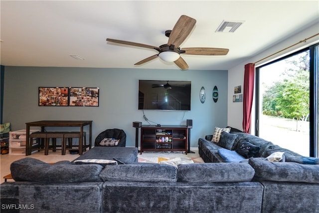 living room featuring ceiling fan