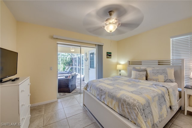 bedroom with access to outside, ceiling fan, and light tile patterned floors