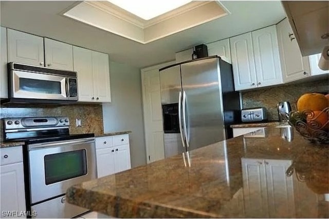 kitchen with white cabinetry, dark stone counters, a tray ceiling, decorative backsplash, and appliances with stainless steel finishes