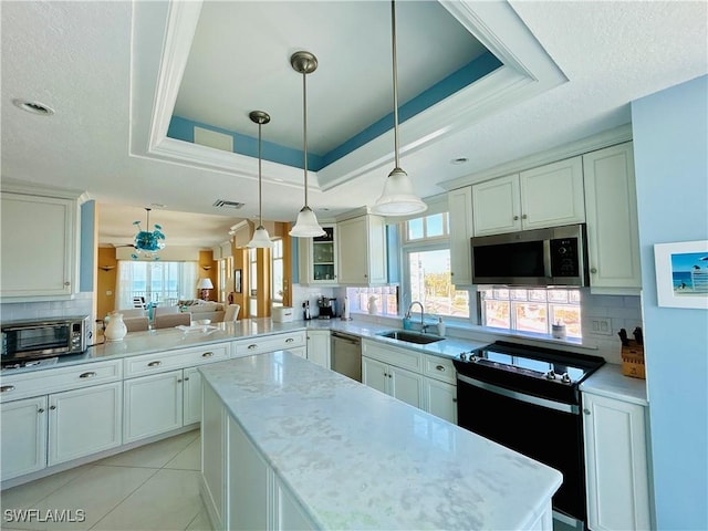 kitchen featuring a healthy amount of sunlight, a raised ceiling, kitchen peninsula, and appliances with stainless steel finishes