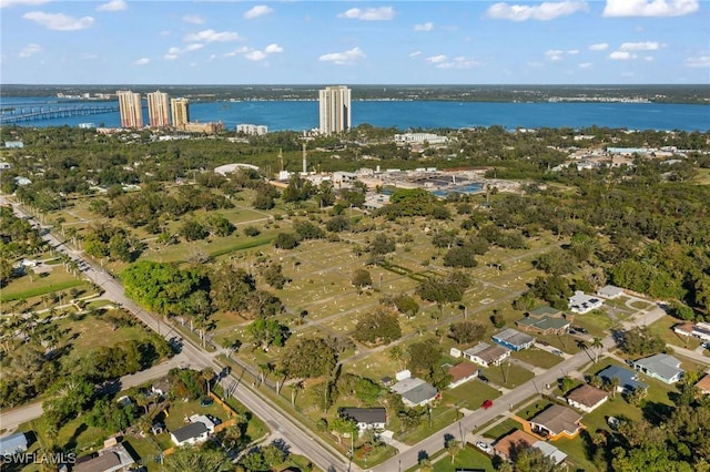 drone / aerial view with a water view