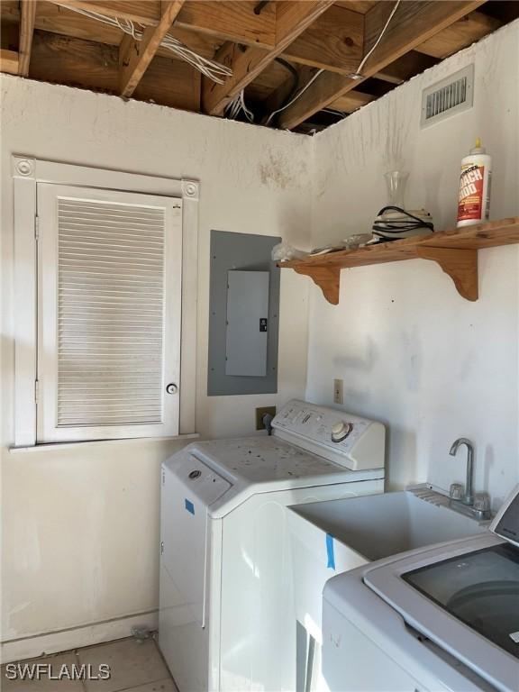 laundry area with washer and clothes dryer and electric panel