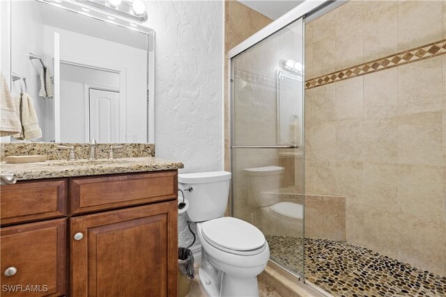 bathroom with vanity, a shower with shower door, and toilet