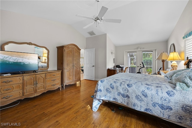 bedroom with dark wood-type flooring, access to outside, french doors, vaulted ceiling, and ceiling fan