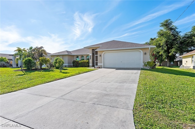 single story home with a garage and a front lawn