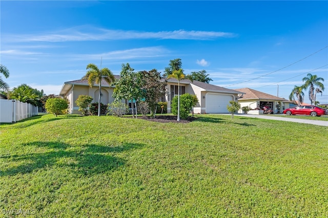 single story home with a front yard and a garage