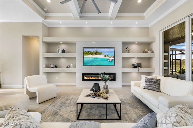 living room with a fireplace, beamed ceiling, coffered ceiling, crown molding, and built in shelves