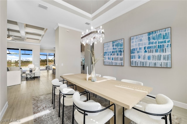 dining space with coffered ceiling, crown molding, hardwood / wood-style floors, beamed ceiling, and ceiling fan with notable chandelier