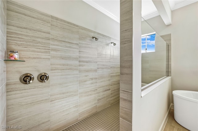 bathroom featuring crown molding and separate shower and tub