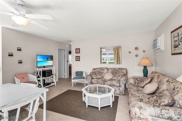 tiled living room with a wall mounted AC and ceiling fan