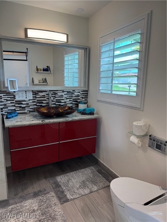 bathroom with backsplash, vanity, and hardwood / wood-style flooring