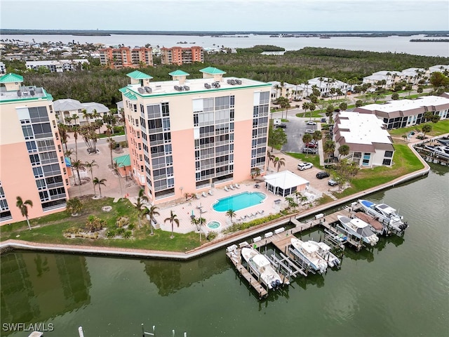 aerial view featuring a water view