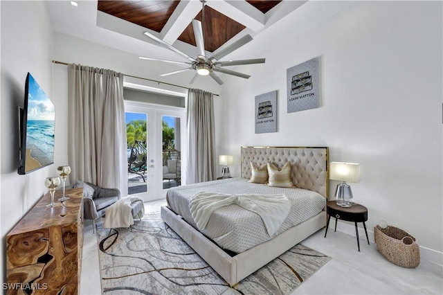 bedroom featuring access to exterior, french doors, and ceiling fan