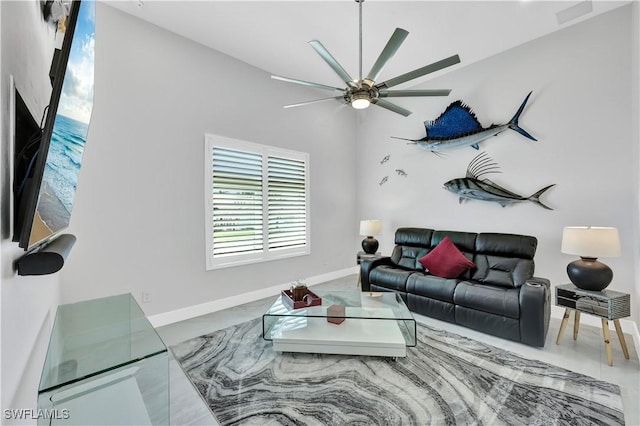 living room featuring ceiling fan