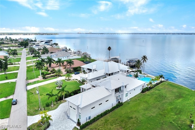 aerial view featuring a water view