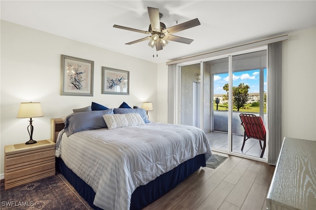 bedroom with access to outside, ceiling fan, and hardwood / wood-style flooring