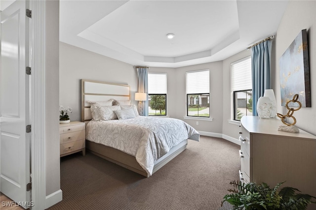 bedroom featuring dark carpet and a tray ceiling