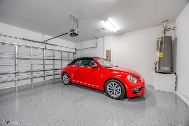 garage featuring electric panel, gas water heater, and a garage door opener